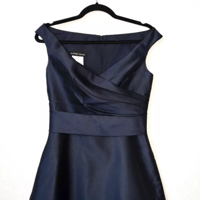 NWT Alfred Sung Midnight Navy Blue Off The Shoulder Satin Gown Size 2