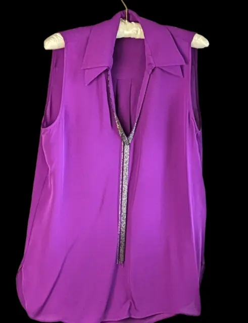 Elie Tahari Purple Silk V Neck Top Blouse Sleeveless Teeny Beaded Pewter Chain