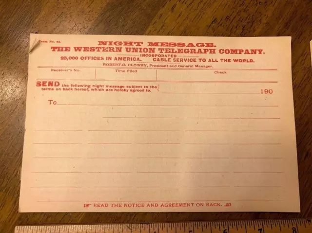 C1905 Night Message Unused Blank Western Union Telegraph Company Cable Vg+