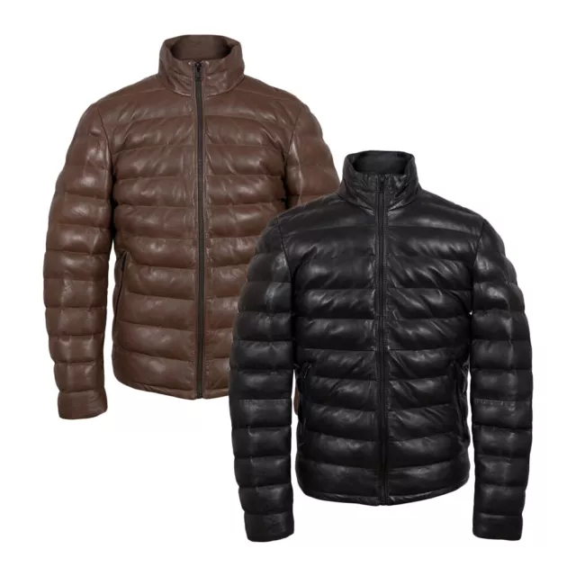 Mens Real Lambskin lightweight Down Padded Quilted Genuine Leather Puffer Jacket