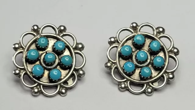 Vintage Native American Zuni Petit Point Turquoise Clip Earrings