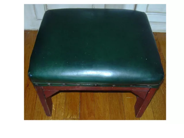 Vtg Mission Oak Arts & Crafts Style Foot Stool Green Leather or Vinyl & Studs 3