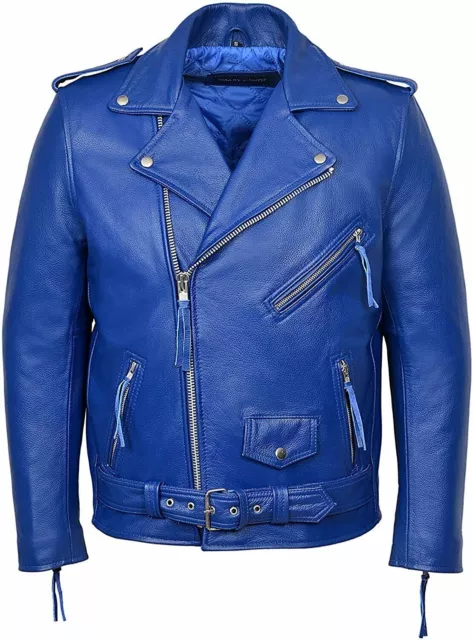 Brando Blue Mens Classic Designer Motorcycle Biker Real Sheepskin Leather Jacket