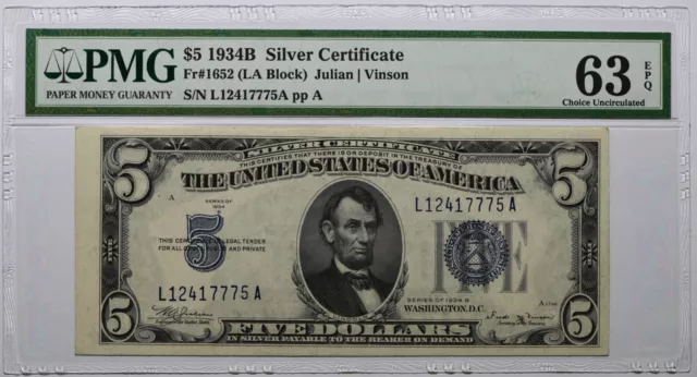 1934B $5 PMG 63 EPQ (Five Dollars) Silver Certificate Fr#1652 Banknote