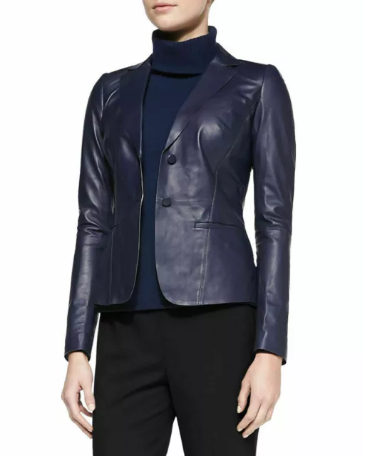 Women's Genuine Lambskin Soft Leather Two Button Blazer Stylish Navy Blue Jacket