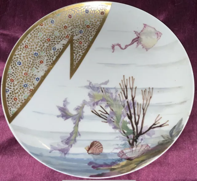 1876-1886 French Limoges Haviland & Co Porcelain H/Painted Aquatic Scene Plate