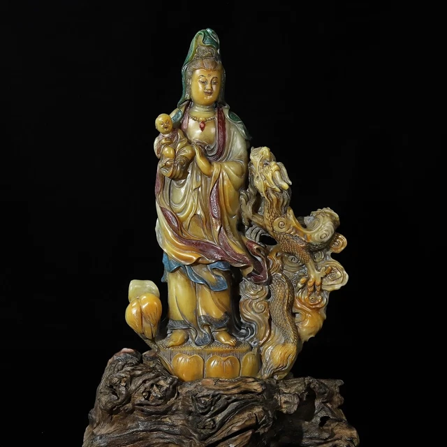 Chinese Exquisite Handmade Guanyin carving Shoushan Stone Statue
