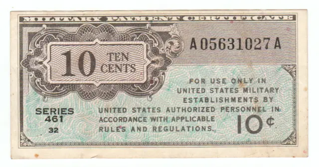 Military Payment Certificate USA US VF Note 10 Cents 1946-1947 Series 461 P-M2