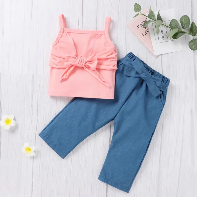 Toddler Baby Girls Pants Outfit Summer Bowknot T-shirt Tops & Pants Set Clothes