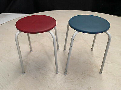 EB2357 Two White Steel Stools with Red & Blue Circular Seats Vintage Stackable 9