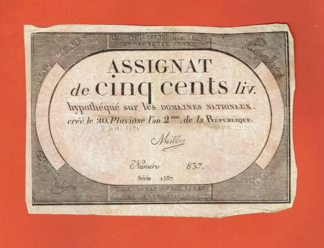 Da62-Assignat De Cinq Cents Livres-Série 1587-N°837-8 Février 1794