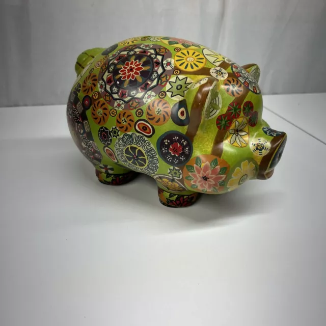 Vintage Hippie Flower Ceramic Hand Painted Piggy Bank Mexican Pottery