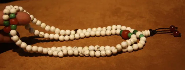 Rare Tibet 108P Old Buddhist White Coral Agate Turquoise Mala Prayer Bead Amulet 3