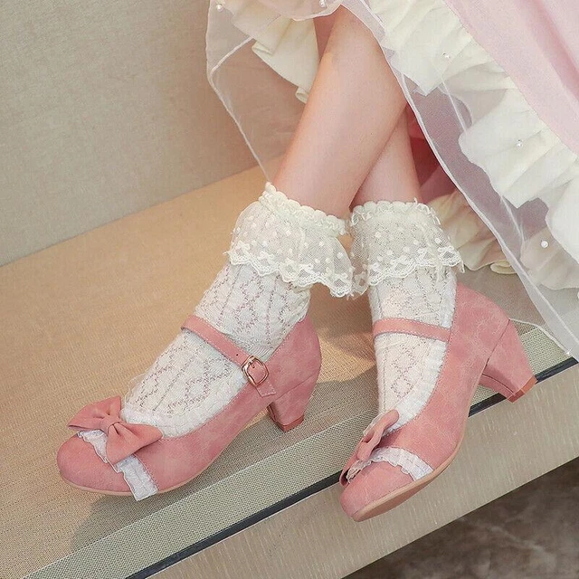 Women's Bow tie Mary Jane Kitten Block Mid Heels Cosplay Shoes plus sz