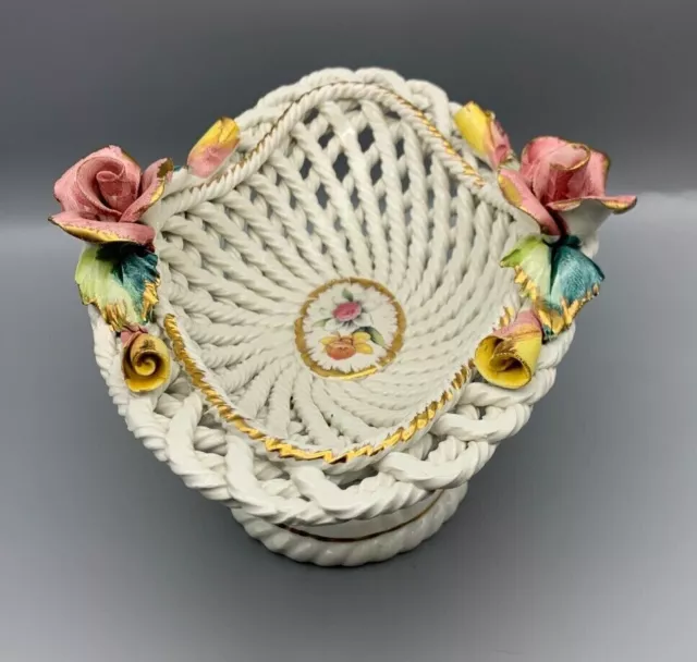Vintage Capodimonte Handmade Porcelain White Woven Basket with Roses/Gold Trim