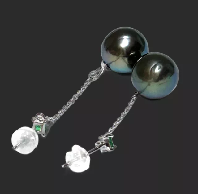 Unique Peacock Black Green 10 x 10.5mm Tahitian South Sea Pearl Dangle Earrings