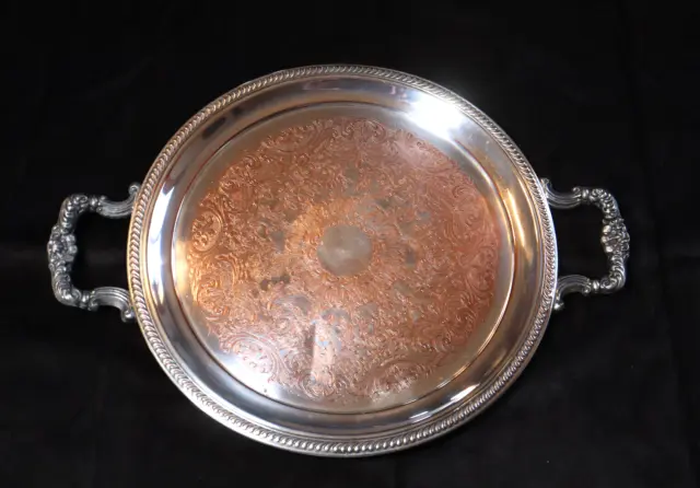 FB Rogers Silver Co. Silver on Copper Vintage Round Tray with Handles 16”