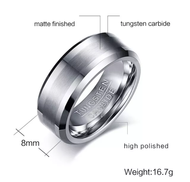 Tungsten Carbide Men's Silver Brushed Comfort Fit 8MM Wedding Band Ring M110 2