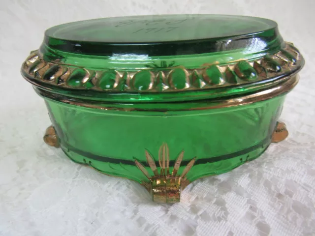Antique Art Glass Emerald Green Gold Trim Vanity Trinket Jar Box -- ETCHED 1917