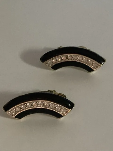 Vintage 1980’s Gold Tone, Black Enamel and Rhinestone Clip On Earrings