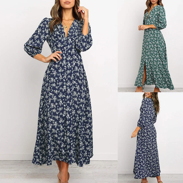 Abito Lungo Con Stampa Floreale Bohémien Scollo A V Estivo Da Donna Per Le ☽