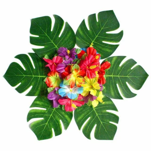 Tropical Decorations Green Palm Leaves Hibiscus Flowers Summer Party Bbq Garden