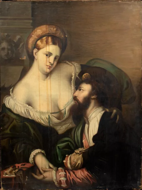 Large 17th Century Italian Old Master Portrait Of Venetian Lovers Oil Painting