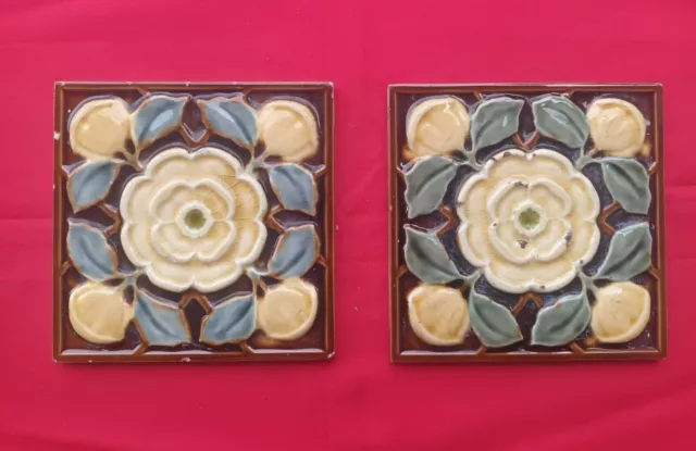 2 Piece Old Art Flower Design Embossed Majolica Ceramic Tiles Belgium 0212 3