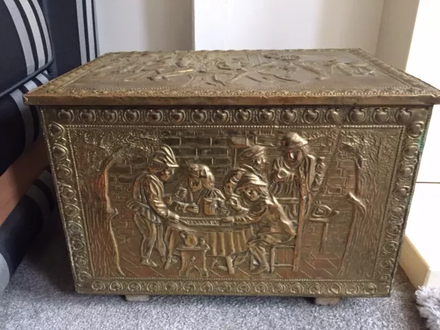 Vintage Embossed Brass and Wood Coal Box.