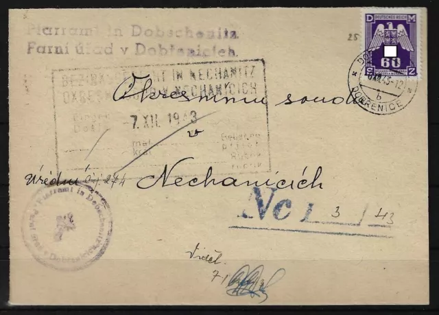 Böhmen und Mähren Dienst Postkarte Dobrenice nach Nechanicich, 1943 #1105331