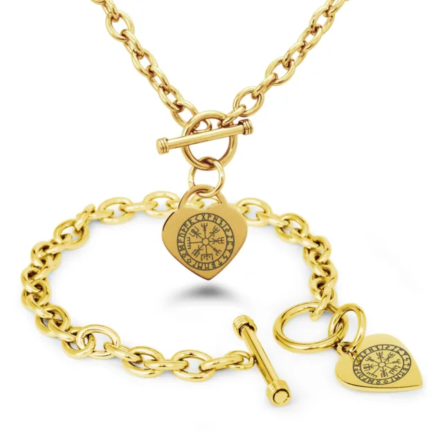 Stainless Steel Icelandic Viking Rune Symbol Heart Charm Bracelet, Necklace, Set