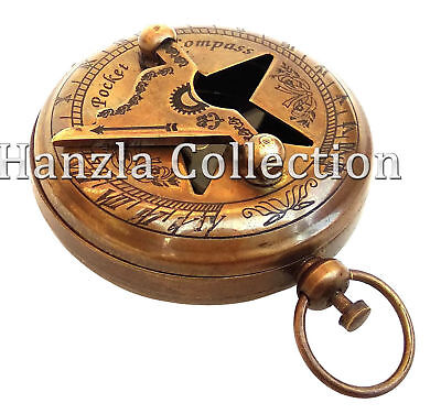 2" Brass Sundial Compass - Necklace Pendant - Old Vintage Antique Pocket Style