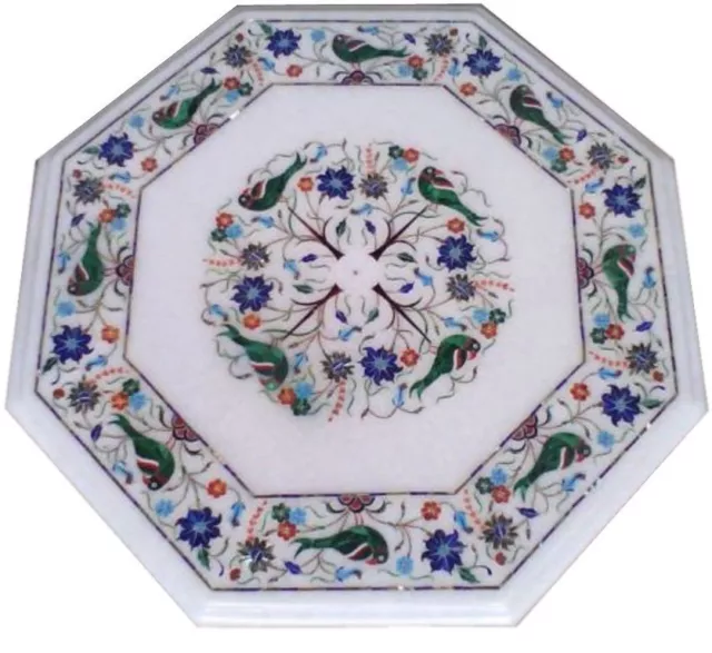 24" White Marble Inlay Coffee Table Top Pietra Dura Micro Mosaic Inlaid art