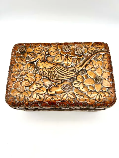 Vintage Hand Carved Wooden Box Jewelry Trinket Flowers and Birds Motif Intricate