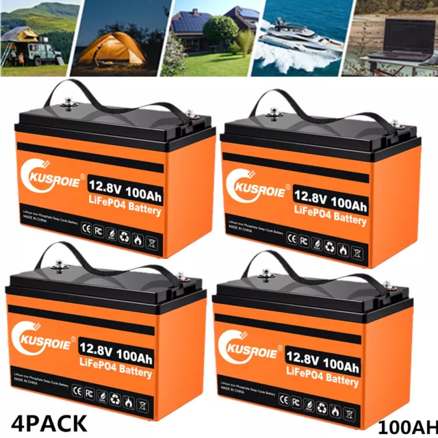 4PACK 12V 100AH LiFePO4 Deep Cycle Battery for RV Marine Off-Grid Solar System