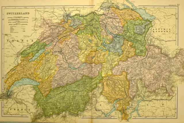 1905 Antique Map Switzerland Bern Lucern Zurich Thurgau Grisons Schwitz