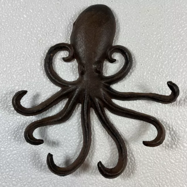 Octopus Brown Finish Wall Hook Cast Iron Key Towel Coat Nautical Beach 6x7