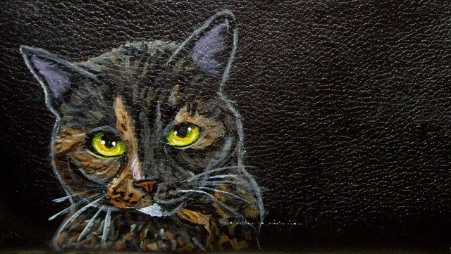 Tortoiseshell Tortie Cat Checkbook Cover Custom Painted Leather