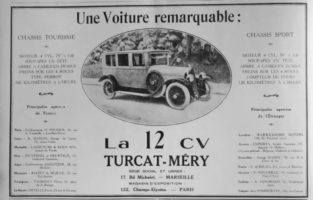 Publicité De Presse 1924 La 12 Cv Turcat-Méry Voiture Chassis Sport Ou Tourisme