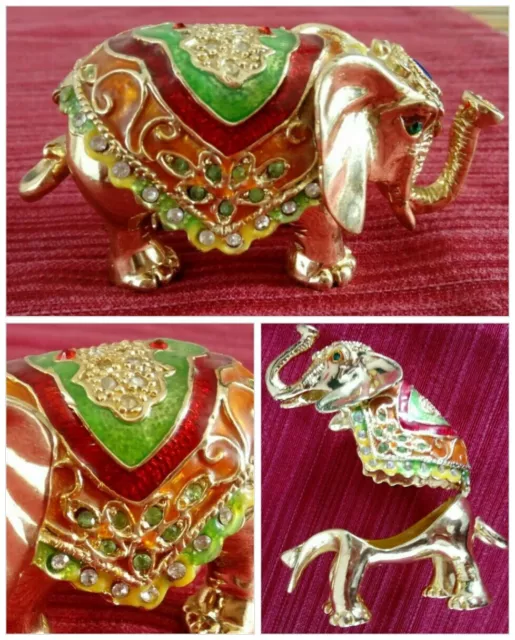 Deko 🐘 ELEFANT Gold Messing EMAILLIERT STRASS Schatulle Box FIGUR Vintage G3