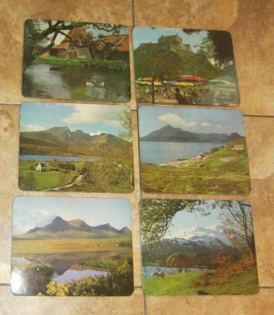 Lote de 6 tapetes de mesa vintage The Scotsman 9x11 escenas con respaldo de corcho