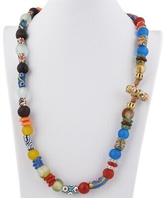 Handmade Krobo recycled glass beads brass Ashanti African trade Ghana necklace