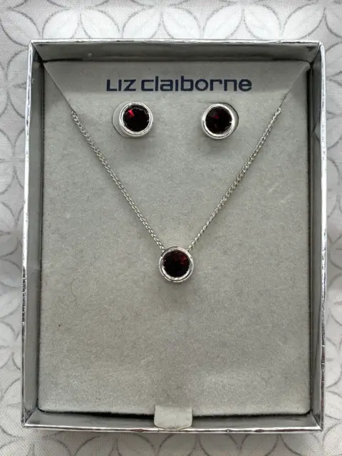 Liz Claiborne Rhinestone Round Earring & Necklace set Silver Tone Dark Red