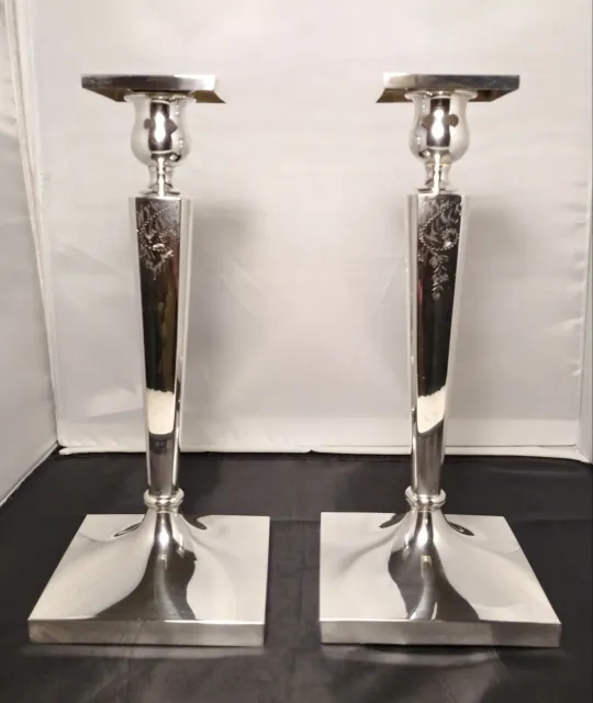 Pair of Sterling Silver Etched Candle Sticks  378 g  10" x 4.25"