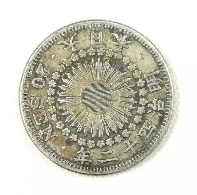 Japan 20 Sen Silver Coin 1909, Japanese Meiji Emperor Year 42