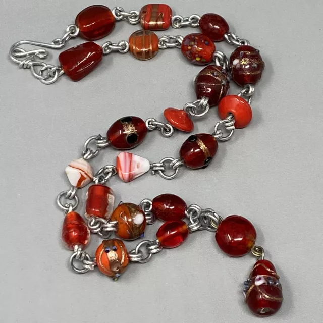 Y Drop Czech Art Glass Necklace Red Orange Bead Lampwork Gilt Swirl Pressed 18"