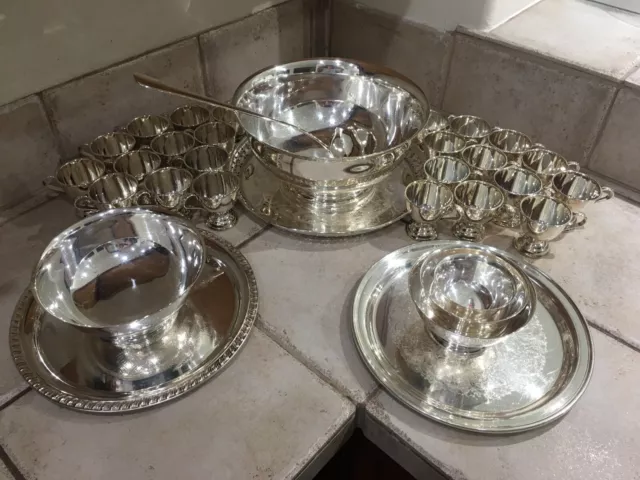 Gorham 12" Paul Revere Silver Plate Bowl w/Underplate, 20 Punch Cups +Serv. Pcs.