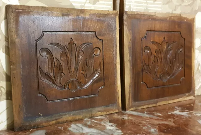 2 scroll leaves wood carving panel Antique french walnut architectural salvage