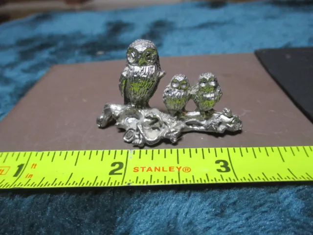 Vintage Pewter Miniature Owl Family on Tree Branch 1 3/4” Animal Figurine