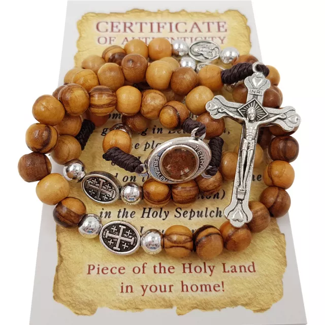 Olive Wood Rosary Beads Catholic With Jerusalem Holy Soil Cross & Certificate
